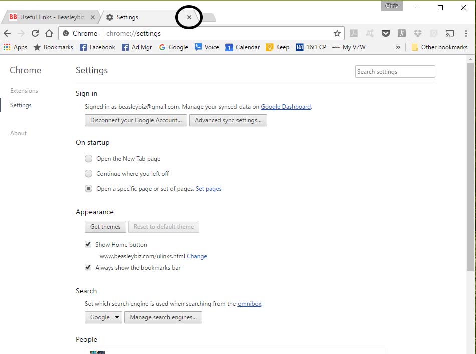 Close the settings tab by clicking on the x.