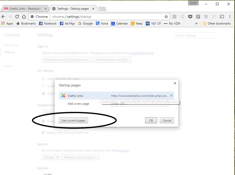 Click Use current pages button.