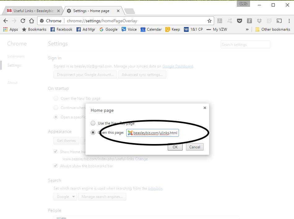 If it is not already put the radio button on Open this page: then click in the text box and delete the current contents if any. Type in http://www.beasleybiz.com/useful-links.html