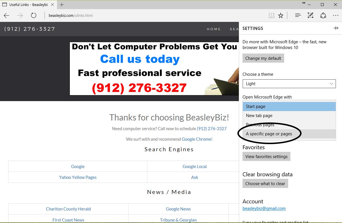Click on the box below Open Microsoft Edge with and choose A specific page or pages.