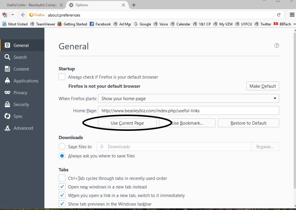 Click Use Current Page button.